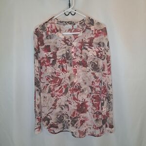 Liz Claiborne Red and Cream Floral Blouse Women's Large #68